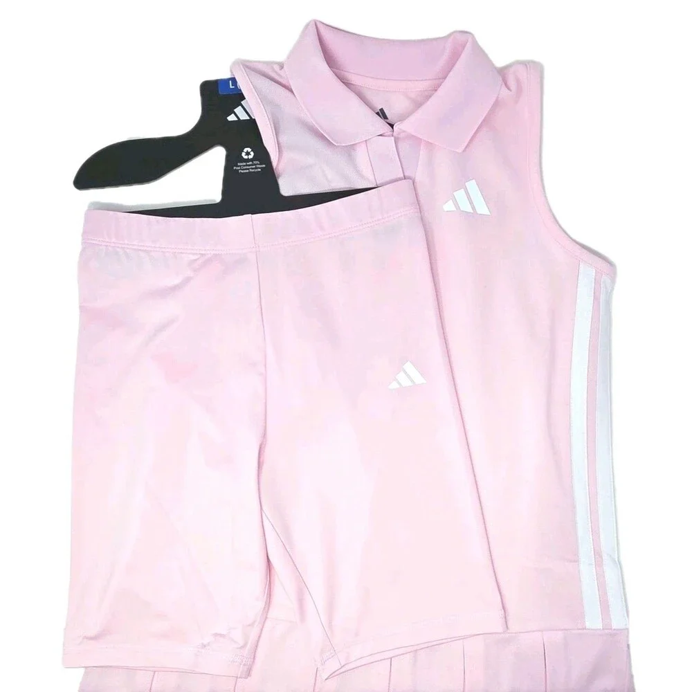 adidas Youth 3-stripe Polo Dress + Bike Shorts 2-pc Set Pink Size L (14) NWT